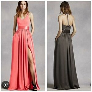 White by Vera Wang Burgundy Full Length Halter T-bar Dress